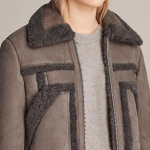 Allsaints Asher Shearling Biker Jacket Grey Leathe
